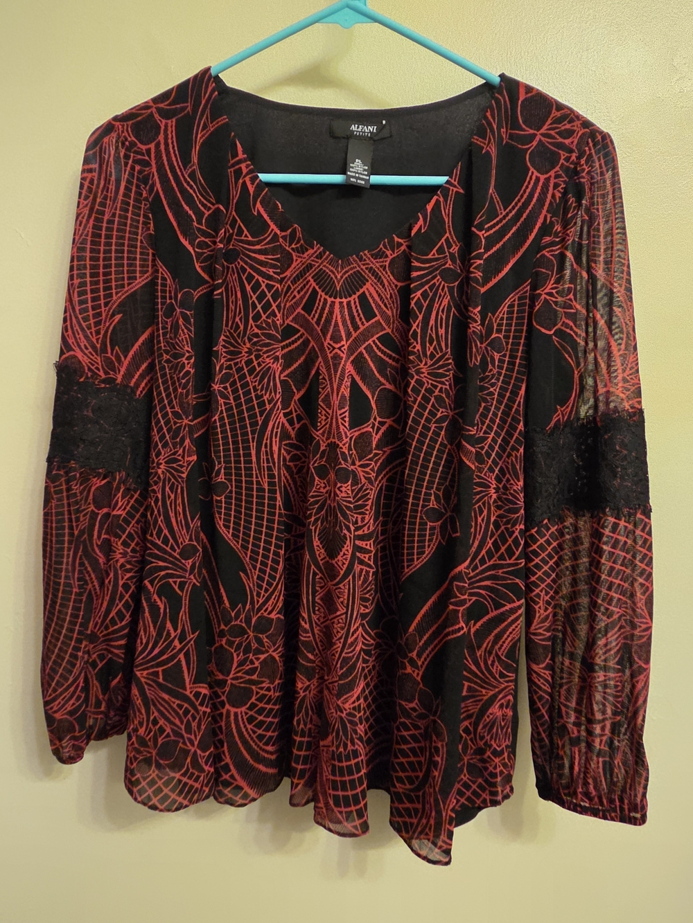 Alfani PL Petite Blouse Red Black Lace Detail Mesh Geometric Sheer Long Sleeve